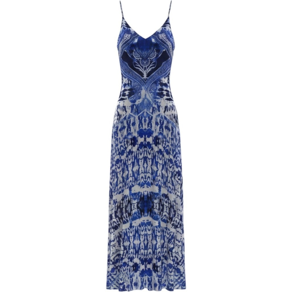 Express Blue White Paisley Geometric Maxi Dress V-Neck Spaghetti Strap Small